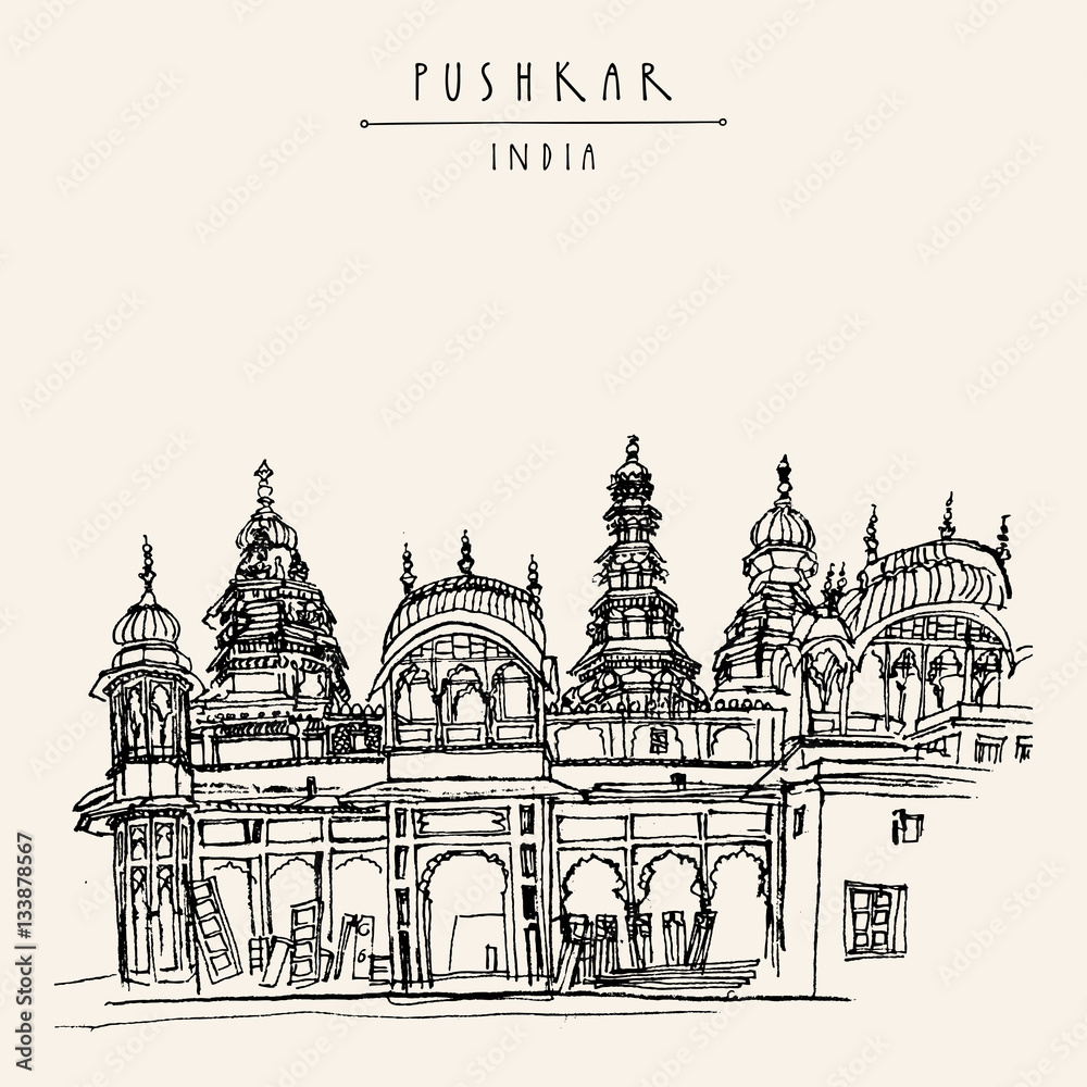 Pushkar, Rajasthan, India. Sri Raghunath Swami temple. Black and white vintage touristic postcard, poster, coloring book page, calendar template. Sketchy hand drawing