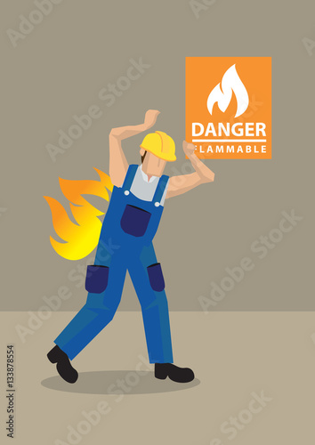 Worker in Fire Accident at Workplace Cartoon Vector Illustration