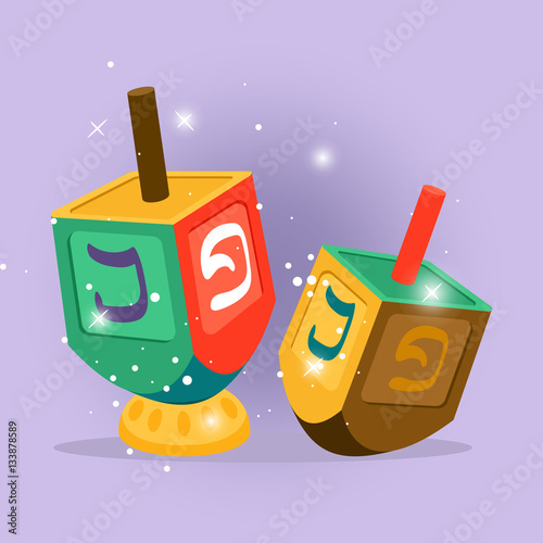 Hebrew vector cartoon illustration with shining elements on violet background
