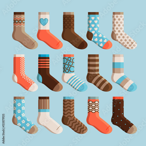 Colorful cartoon cute stylized socks. Kids wear, socks set vector illustration