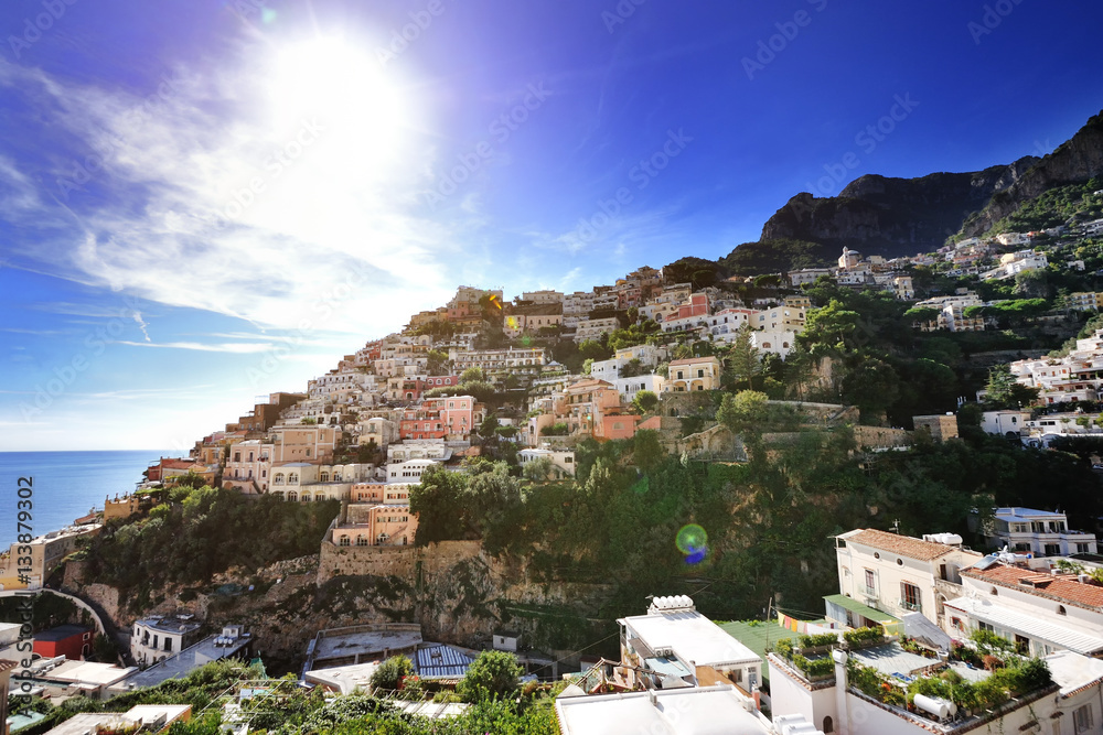 Positano panoramic view in summer day, Amalfi coast, Italy