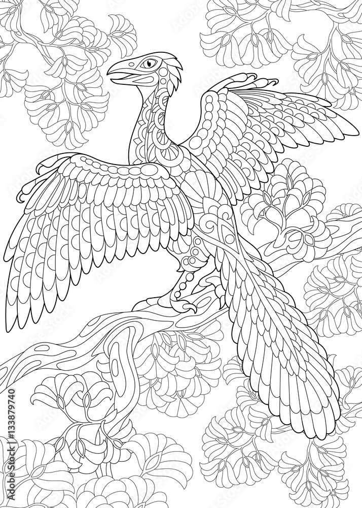 Obraz premium Stylized archeopteryx dinosaur, fossil bird of the late Jurassic period. Freehand sketch for adult anti stress coloring book page with doodle and zentangle elements.