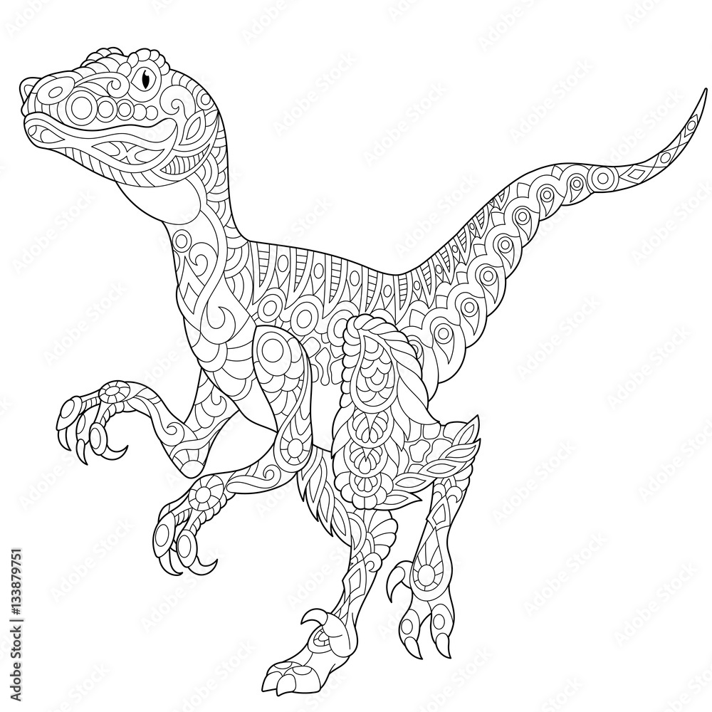 Coloriage Velociraptor Jurassic World Vecteur Stock Stylized velociraptor dinosaur of the late Cretaceous period, isolated on white background. Freehand sketch for adult anti stress coloring book page with doodle and zentangle elements. | Adobe Stock