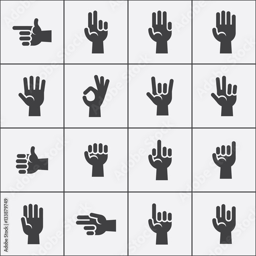 Hands gestures vector icons set in black and white