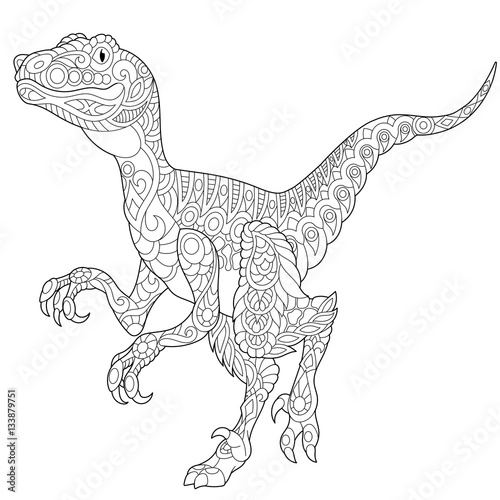 Stylized velociraptor dinosaur of the late Cretaceous period, isolated on white background. Freehand sketch for adult anti stress coloring book page with doodle and zentangle elements.