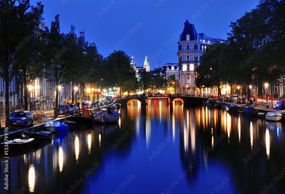 Canal of Amsterdam at night, Netherlands