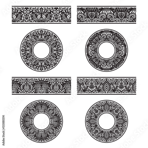 Floral patterned vector brushes templates and round decorations in vintage style.