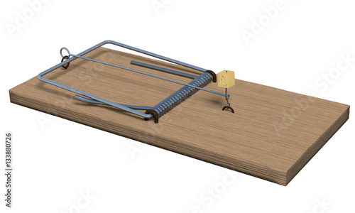 Spring-loaded bar mousetrap isolated on white. 3d render.