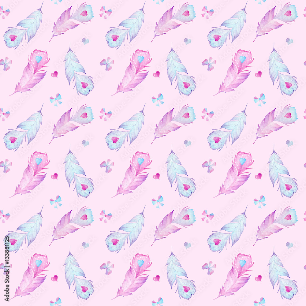 Watercolor seamless hand drawn feather pattern with hearts and bows Watercolor seamless hand drawn feather pattern with hearts and bows