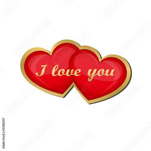 I love you. Two red hearts isolated in a gold frame. Creative design for Valentine's day. Vector illustration