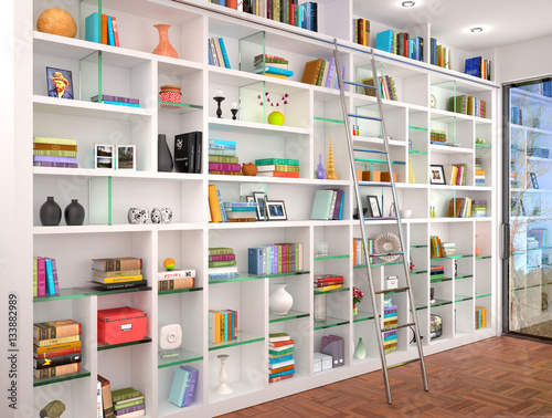 3d illustration of White shelves in the interior with various ob