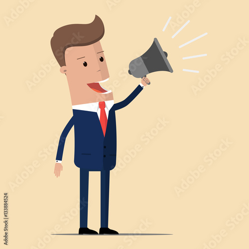 Boss or businessman holding a megaphone, happy manager shouting through a loudspeaker. Promotion business illustration.