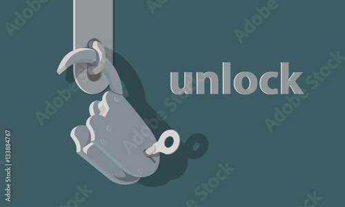 Opened lock background for banner. Old open padlock with the key in the keyhole. Vector flat style illustration in blue tones.