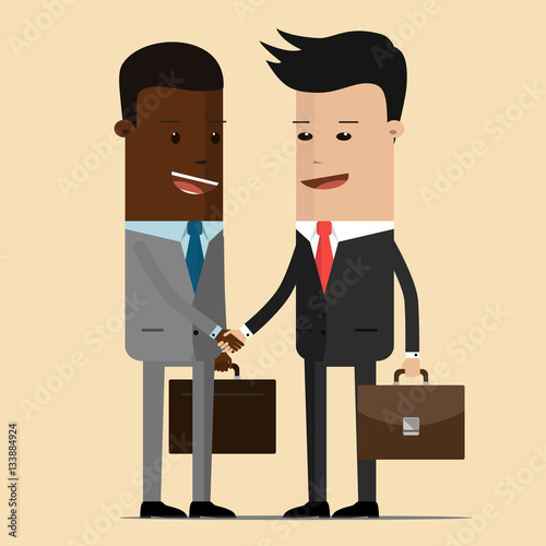 Meeting of two businessmen and business handshake. meeting of the two politicians, diplomats, partners or friends greeting with a handshake. Chinese, Japanese or Korean and Aframerican businessman