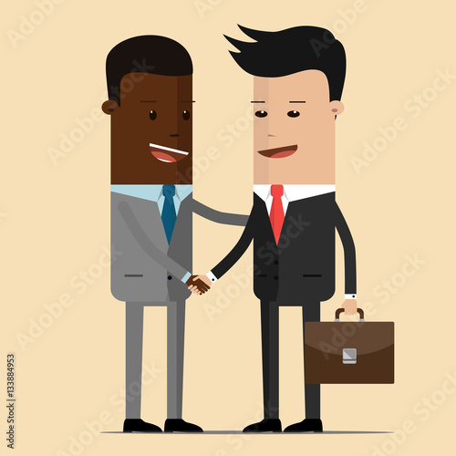 Meeting of two businessmen and business handshake. meeting of the two politicians, diplomats, partners or friends greeting with a handshake. Chinese, Japanese or Korean and Aframerican businessman