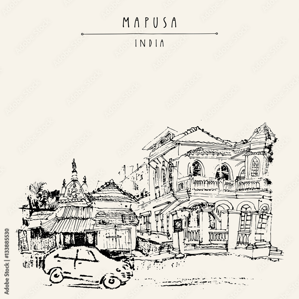 Mapusa, Goa, India. Artistic drawing on paper. Travel sketch. Vintage hand drawn postcard template