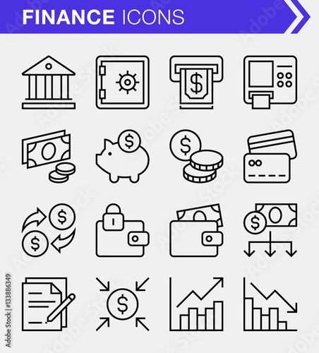Set of pixel perfect finance and banking icons for mobile apps and web design.
