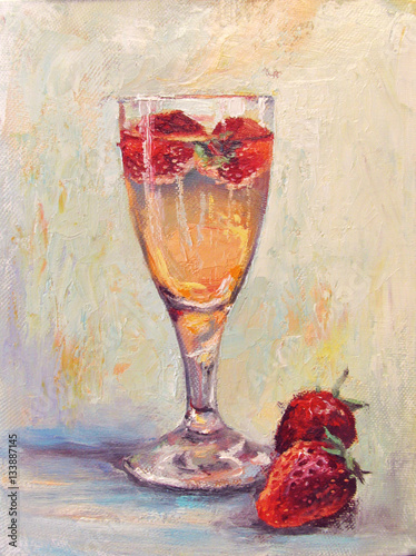 Glass of champagne and strawberries, oil painting on canvas. Light multicolored background photo