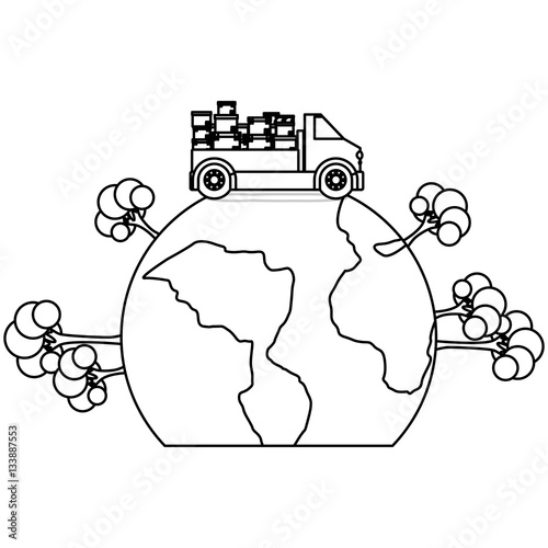 black silhouette contour transport truck with boxes over the planet vector illustration