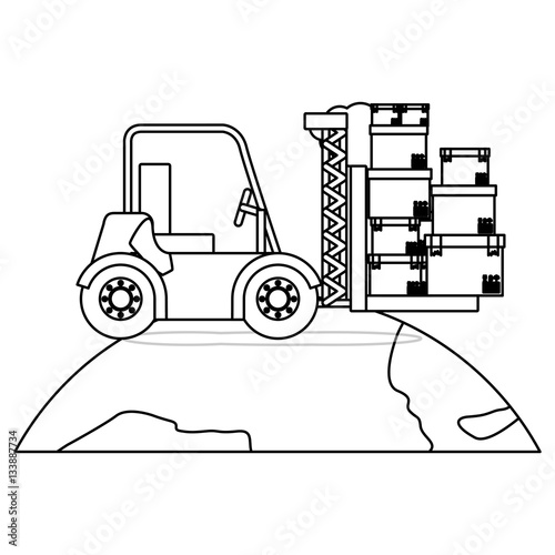 black silhouette contour forklift truck with forks with boxes over the planet vector illustration