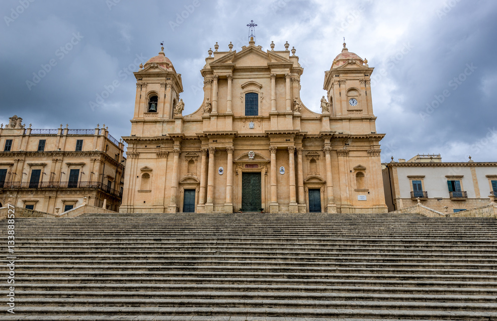Front facade of Saint Nicholas of Myra Cathedral in Noto city, Sicily in Italy