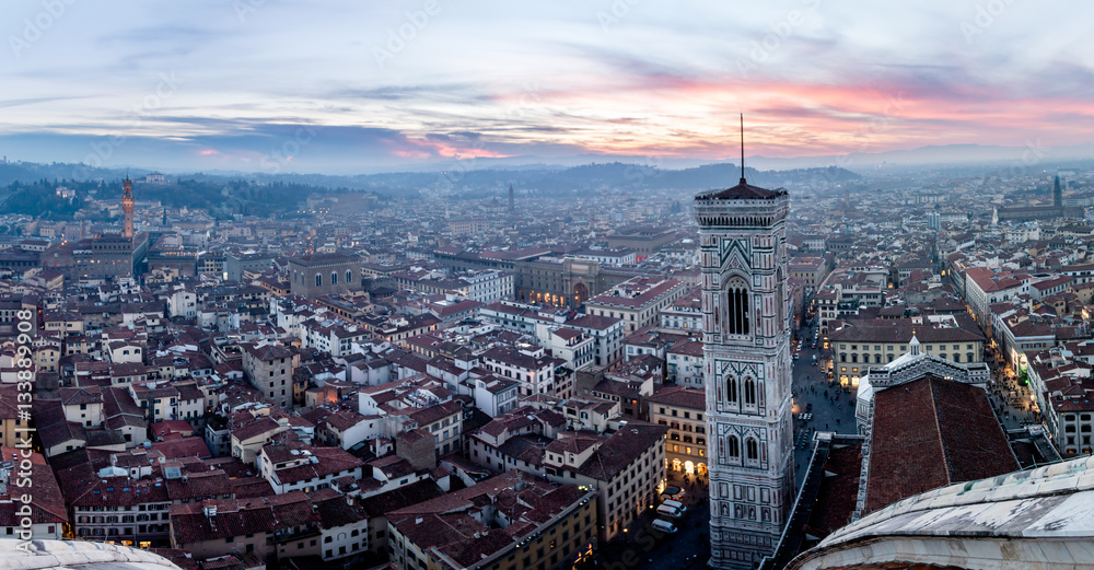 Panoramic sunset from the Dome of Florence Cathedral with Giotto’s Campanile Bell Tower, Tuscany Italy.