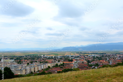 Aerial view. Typical urban landscape in the city Codlea, the largest city in the Burzenland historic region.