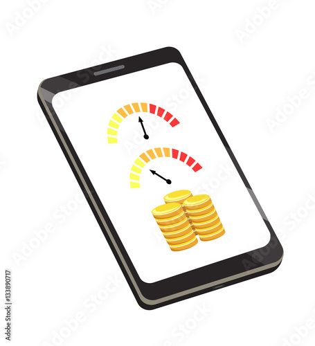 Vector image of a smartphone with indicators and coins