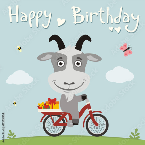 Happy birthday! Funny goat on bike with gifts. Birthday card with cute goat in cartoon style