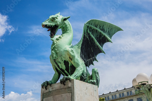 Famous Ljubljana Green dragon at Dragon Bridge. Slovenia.