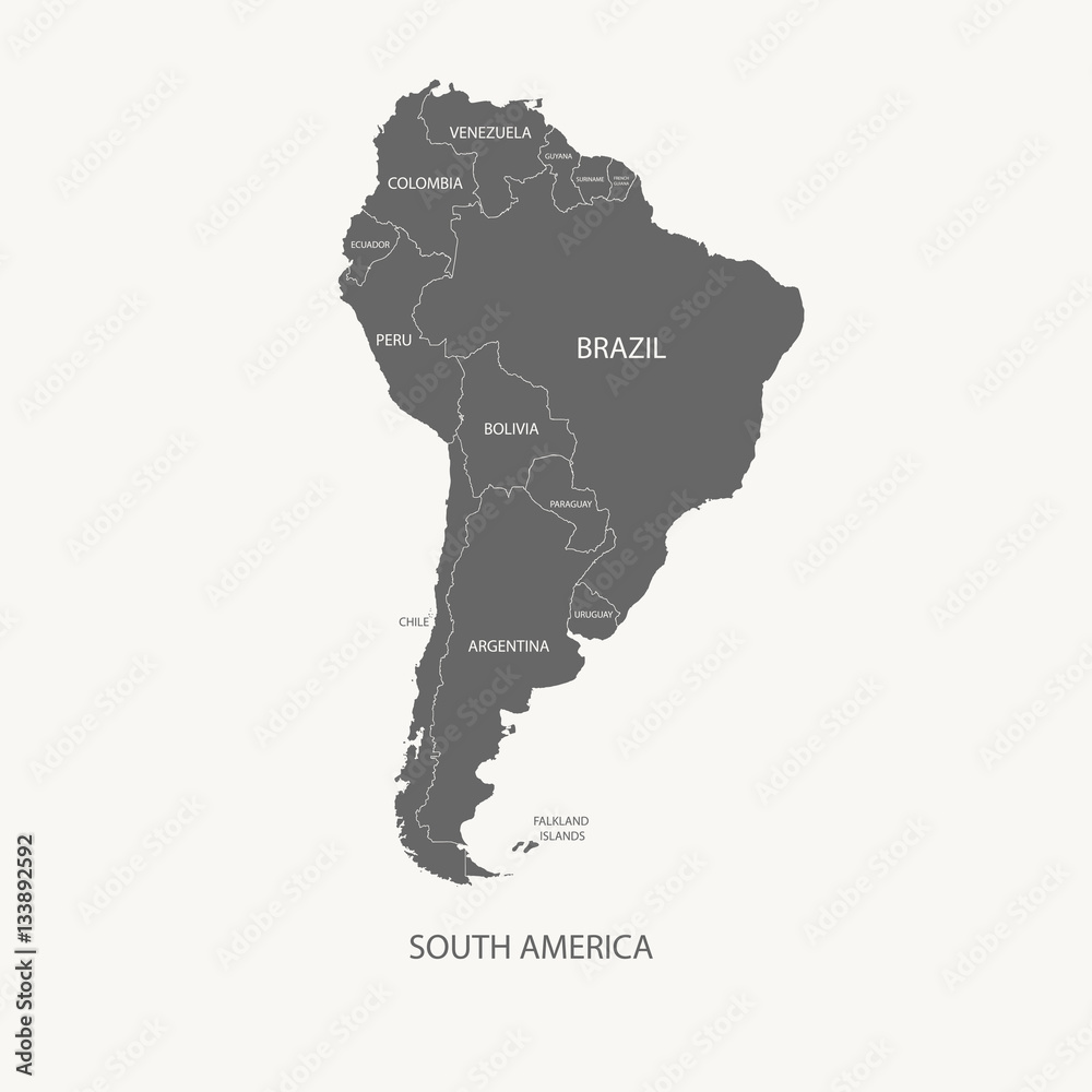 SOUTH AMERICA COLOR MAP WITH NAME OF COUNTRIES flat grey color illustration vector