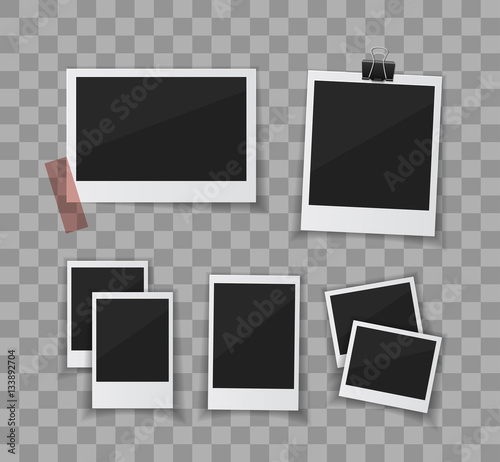 Remember every moment. Instant photo frame collection. Vector  photo sticked with paper tape and hanged with paper clip. Empty retro photo frames on white background.