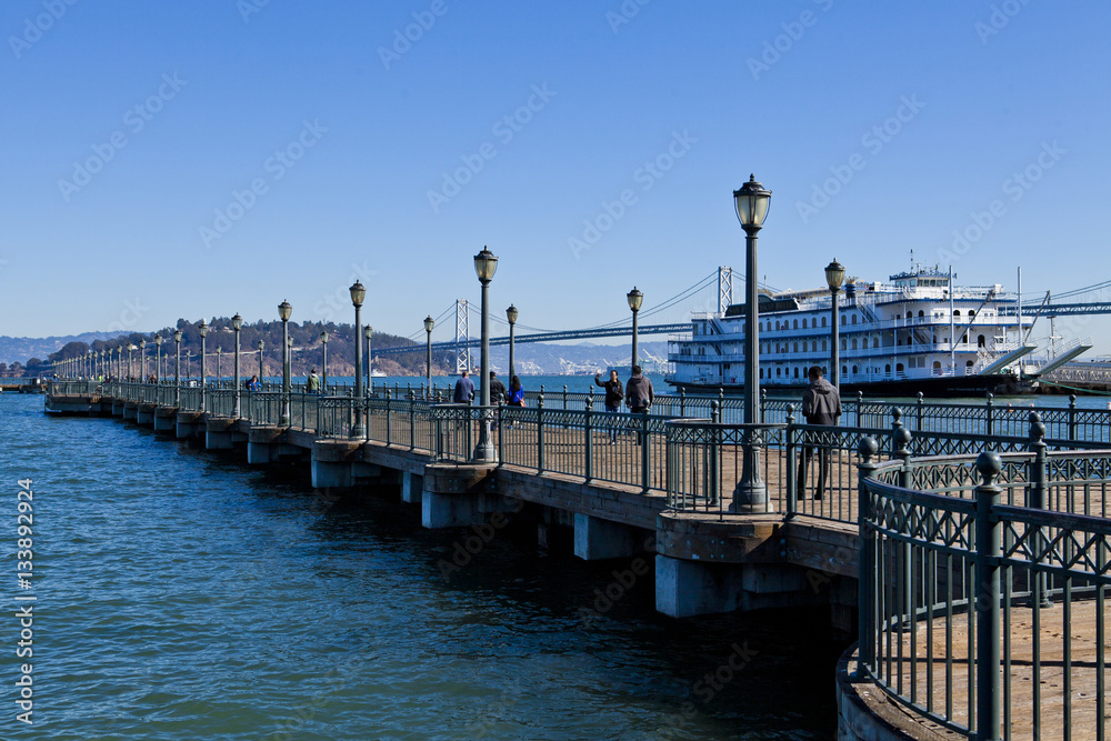 Pier Seven, steamer and Oakland Bridge