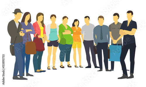 People are standing in a semicircle. Set many ordinary modern . Adult human male and female person.