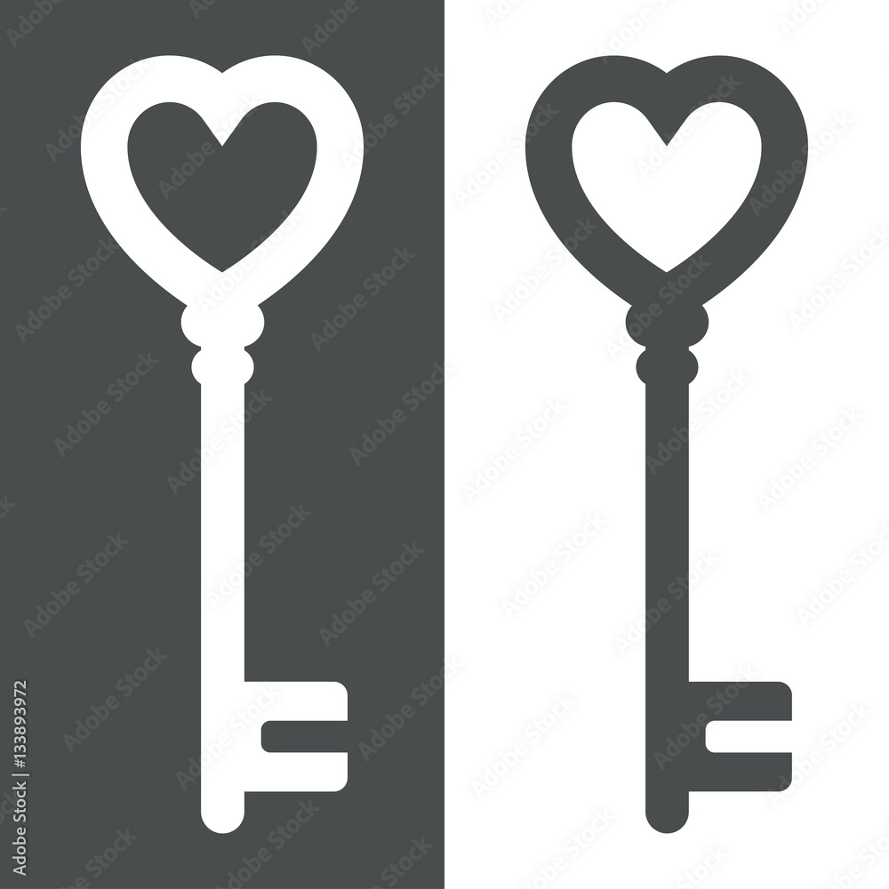 Icono plano llave corazon gris y blanco Icono plano llave corazon gris y blanco