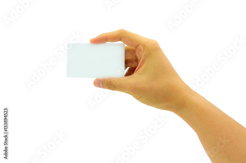 Women hand holding blank paper business card isolated on white background