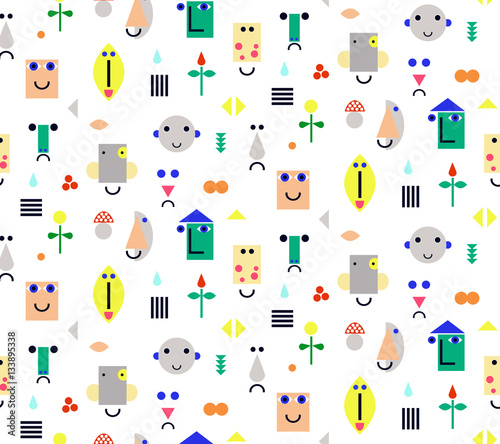 Seamless fun pattern with face, flowers and line. Cartoon children pettern.