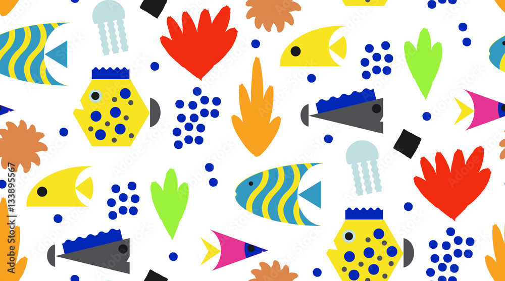 Decorative seamless marine pattern. Underwater background.Corals, seaweeds and fish on white. Decorative seamless marine pattern. Underwater background.Corals, seaweeds and fish on white.