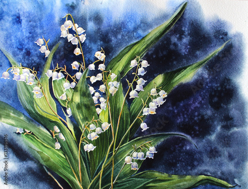 Handwork watercolor illustration with lilies of the valley  bouquet on blue background.