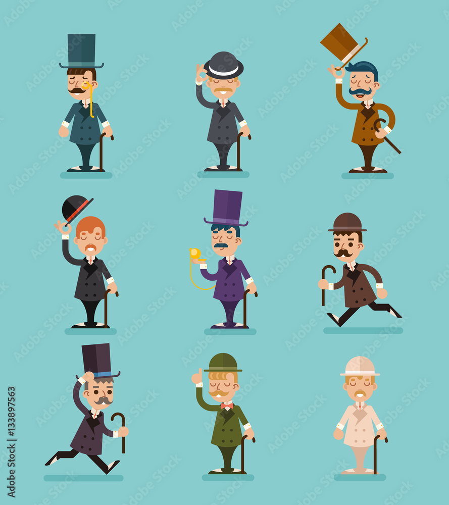 Gentleman Victorian Characters Different Poses and Actions Icons Set Isolated Flat Design Vector Illustration