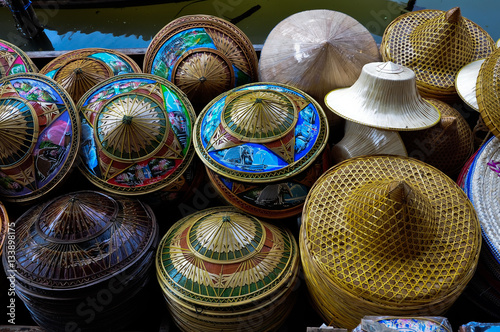 Colorful thai hats on the water market