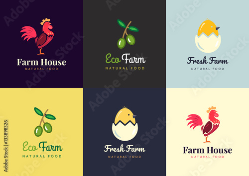 Fresh farm logos set. Vector labels for urban business with products from chicken meat, eggs and olives.