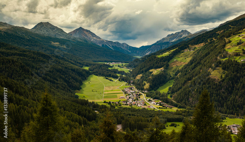 Landscape view of mountains and village in Vinschgau Valley, South Tyrol, Italy © Image Source