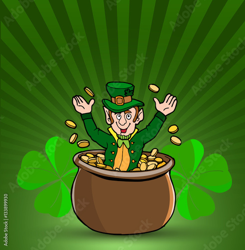 St. Patrick's character comes out of the pot full of coins.Vecto