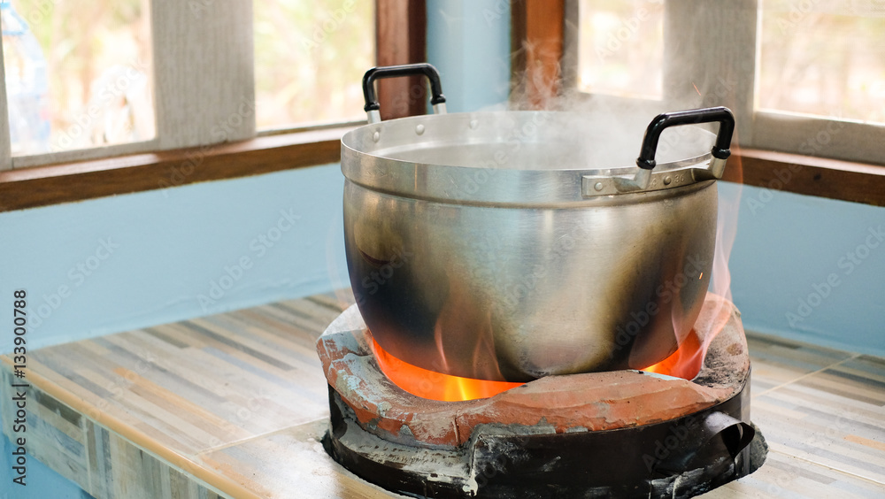 Large Metal Pots Cooking On Open Wood Fire Stock Photo - Download Image Now  - Asian Culture, Boiled, Burning - iStock