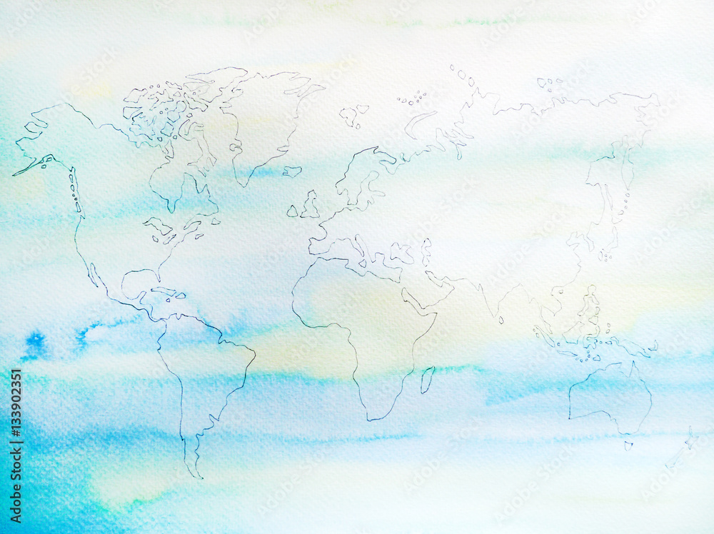 process of world map watercolor painting hand drawn artwork design