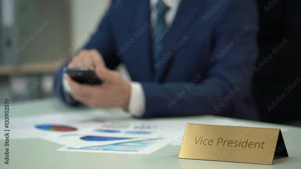 Corporation vice president working on investment project diagrams, using phone