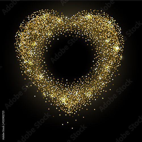 Golden heart Vector illustration Glittering heart composed of golden sparkles on black background Postcard template