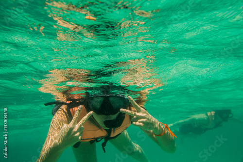 Young man and woman snorkelling, underwater view, Nangyuan Island, Thailand photo