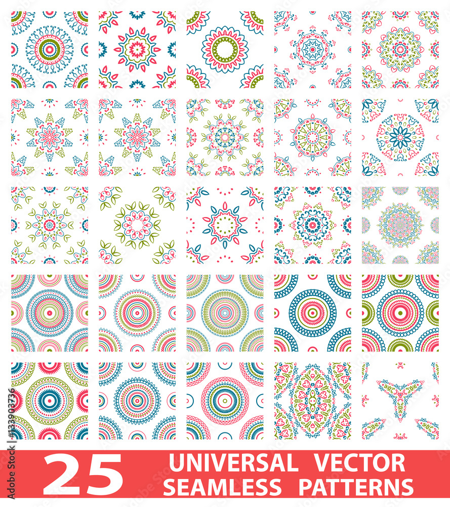 25 universal different vector seamless patterns (tiling). Endless texture can be used for wallpaper, pattern fills, web page background, surface textures. Set modern design ornaments